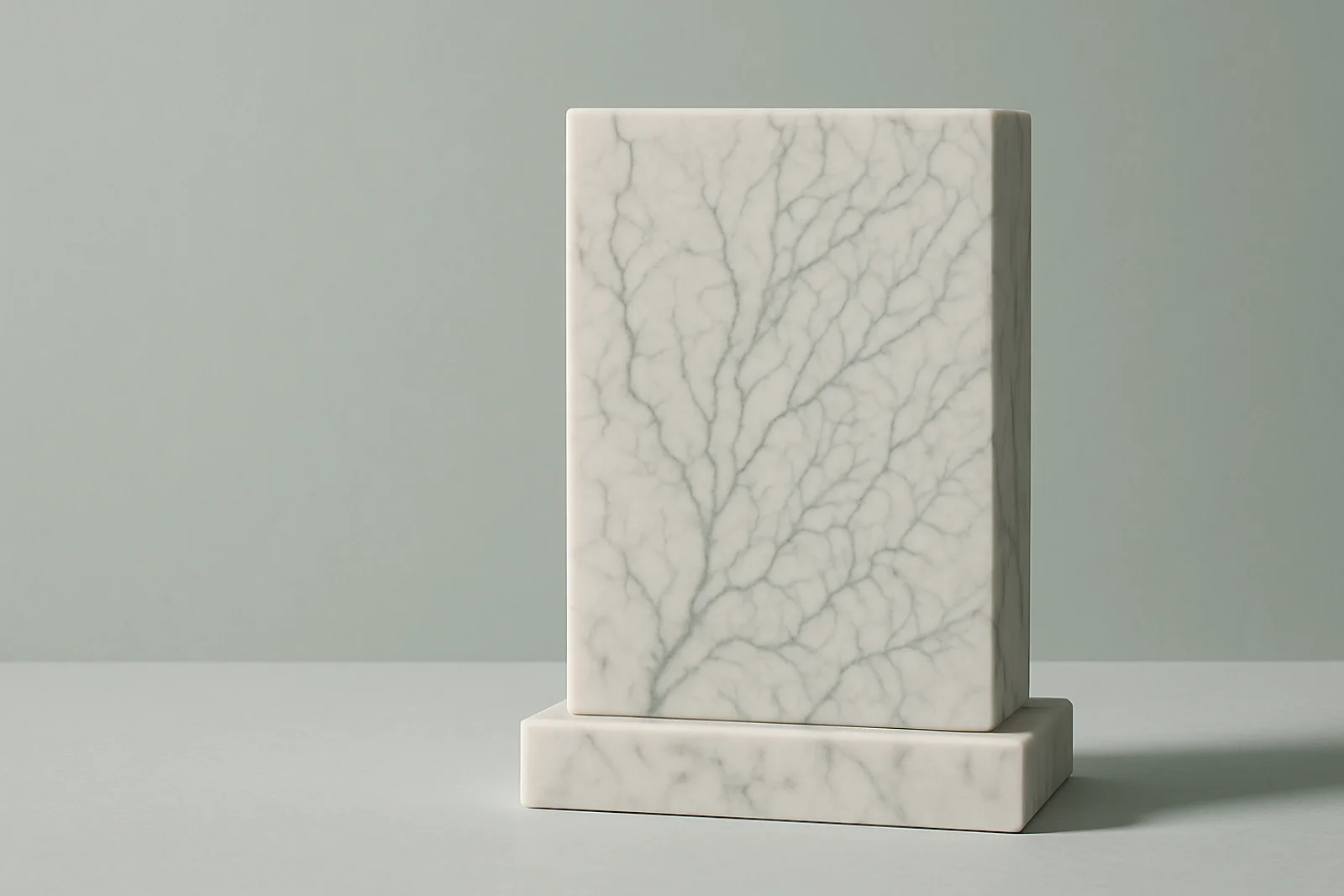 A pale marble block standing on a matching plinth, its face crossed by fine branching veins, against a cool grey-green wall.
