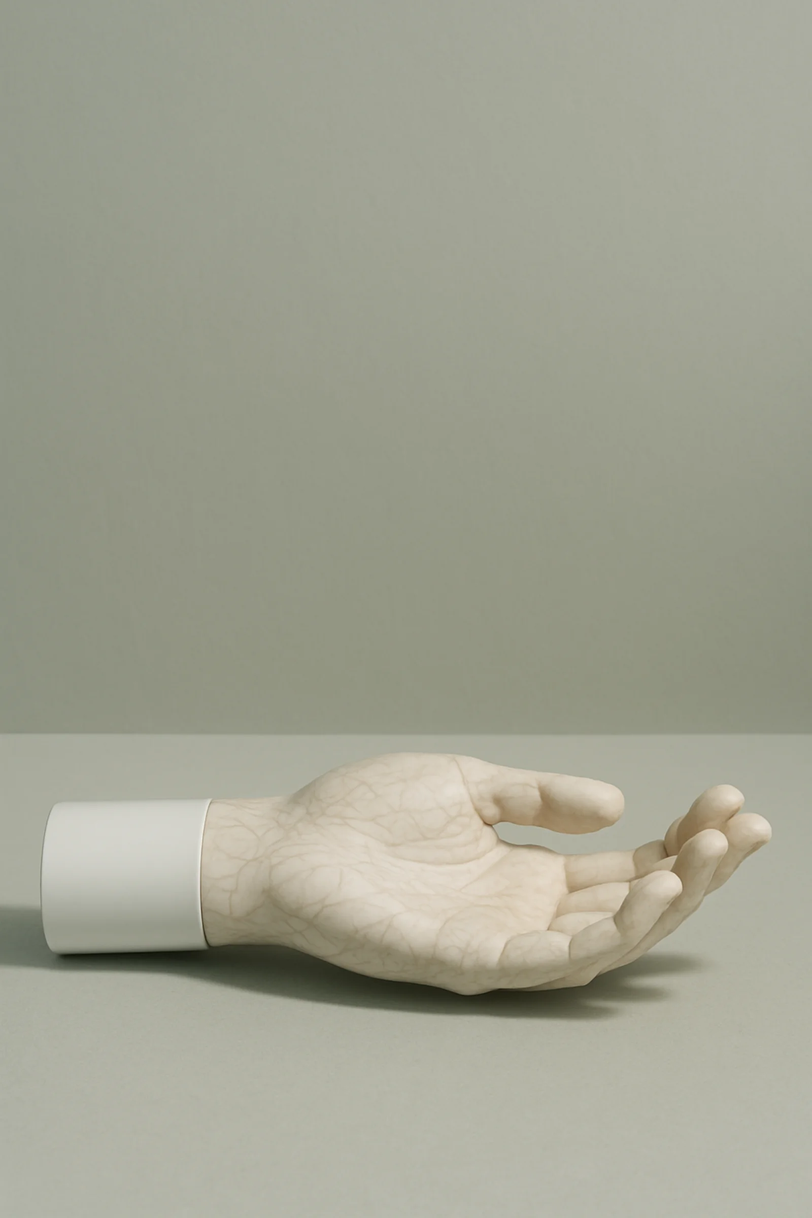An open marble hand and forearm resting palm upward, veins running through the palm, ending in a smooth white ceramic cuff at the wrist.